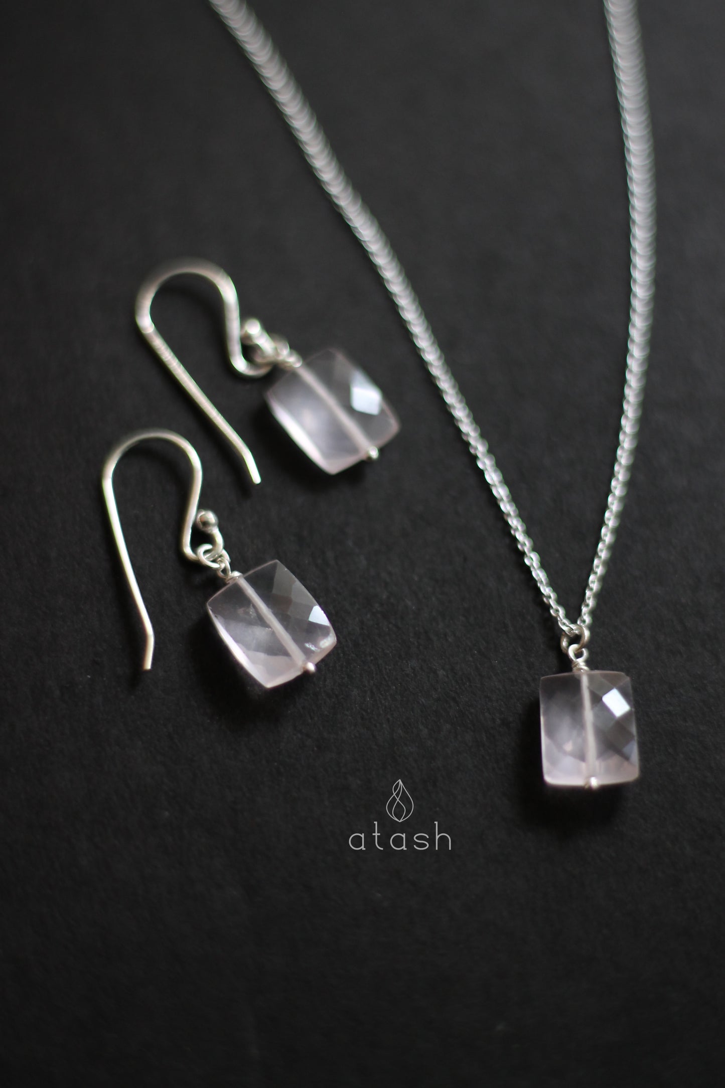 Amor Set of Necklace and Earrings in Rose Quartz and Sterling Silver
