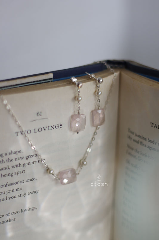 Delber Set of Necklace and Earrings in Rose Quartz, Pearls and Sterling Silver