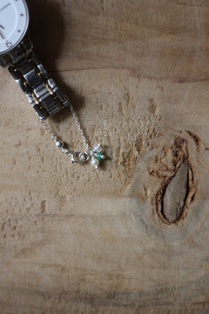 Daisy Watch Charm in Rainbow Moonstone, Emerald, Pearl and Sterling Silver