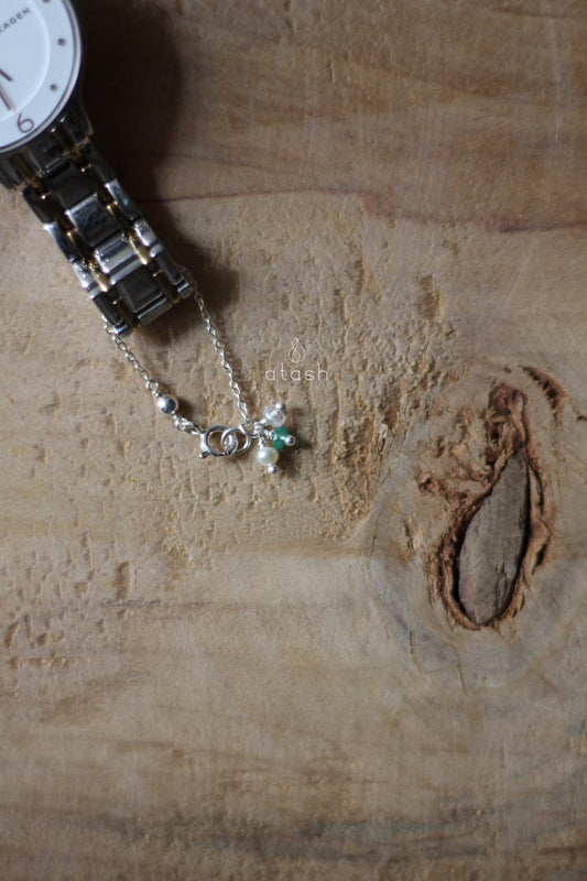 Daisy Watch Charm in Rainbow Moonstone, Emerald, Pearl and Sterling Silver