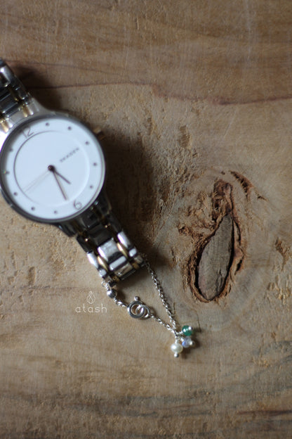 Daisy Watch Charm in Rainbow Moonstone, Emerald, Pearl and Sterling Silver