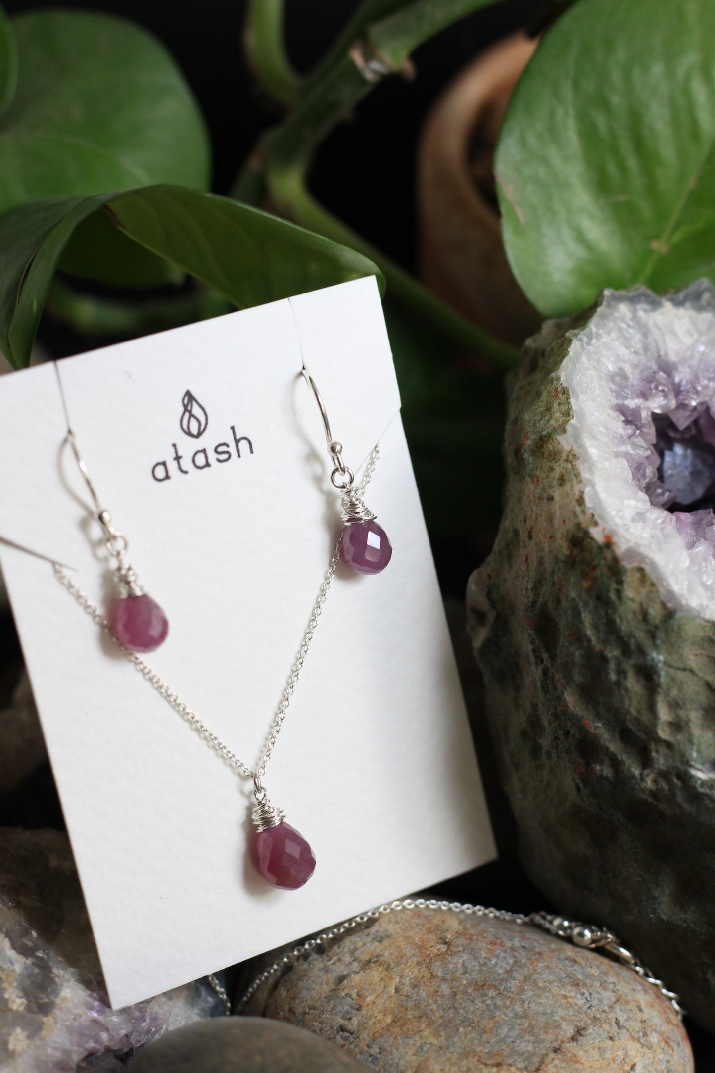 Elegance Set of Necklace and Earrings in Ruby and Sterling Silver