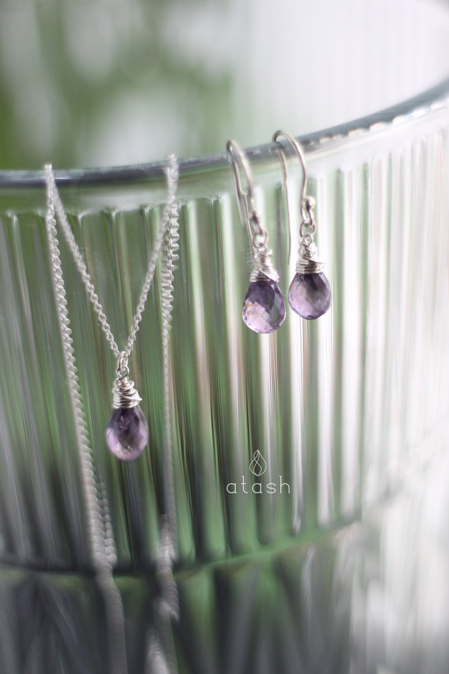 Amana Set of Necklace and Ear rings in Amethyst and Sterling Silver