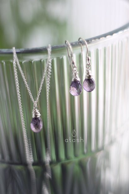 Amana Set of Necklace and Ear rings in Amethyst and Sterling Silver