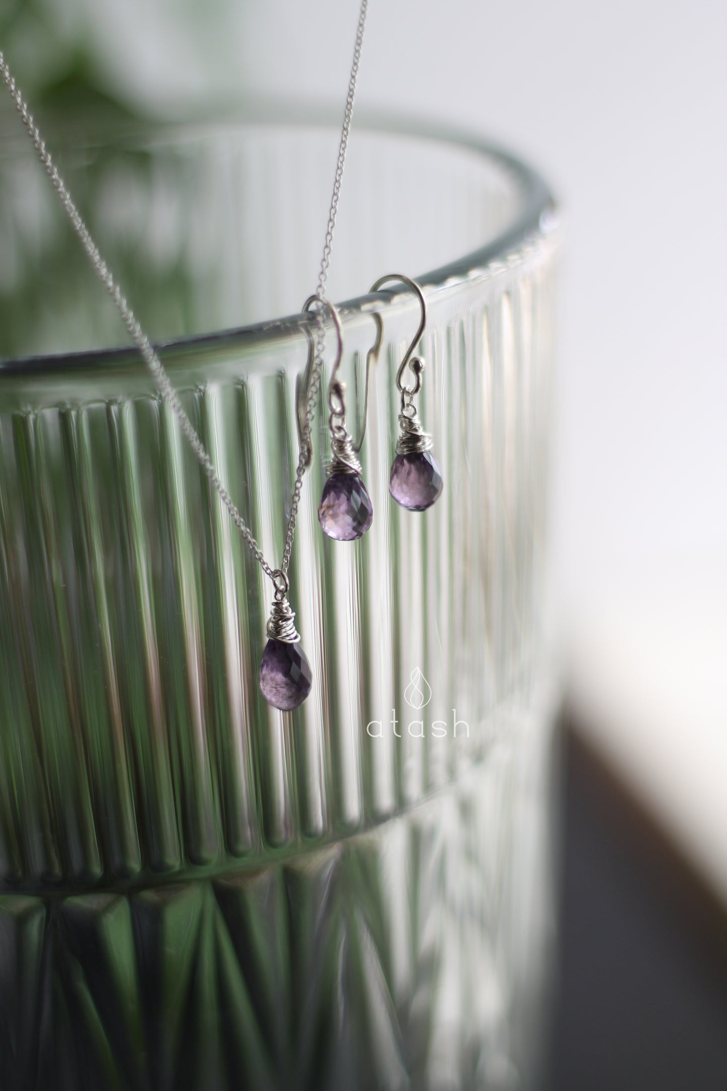 Amana Set of Necklace and Ear rings in Amethyst and Sterling Silver