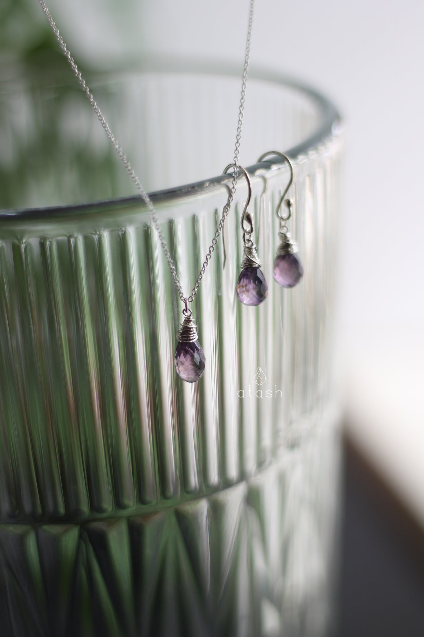 Amana Set of Necklace and Ear rings in Amethyst and Sterling Silver