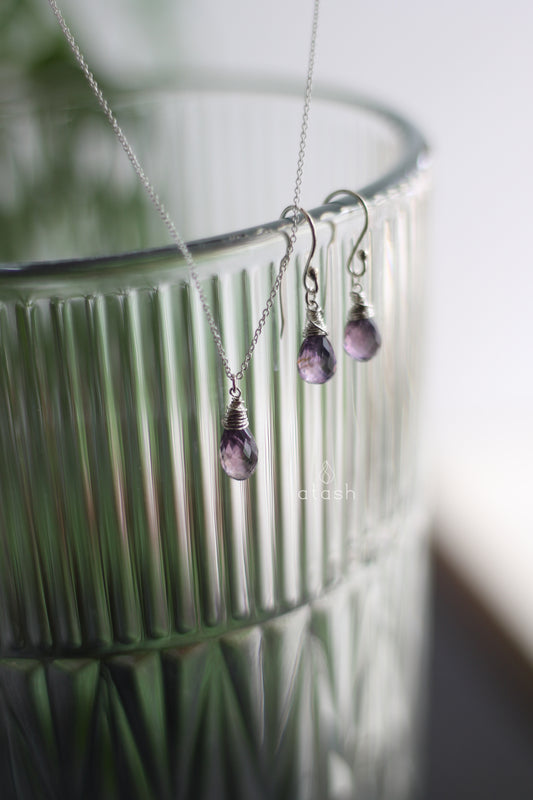 Amana Set of Necklace and Ear rings in Amethyst and Sterling Silver