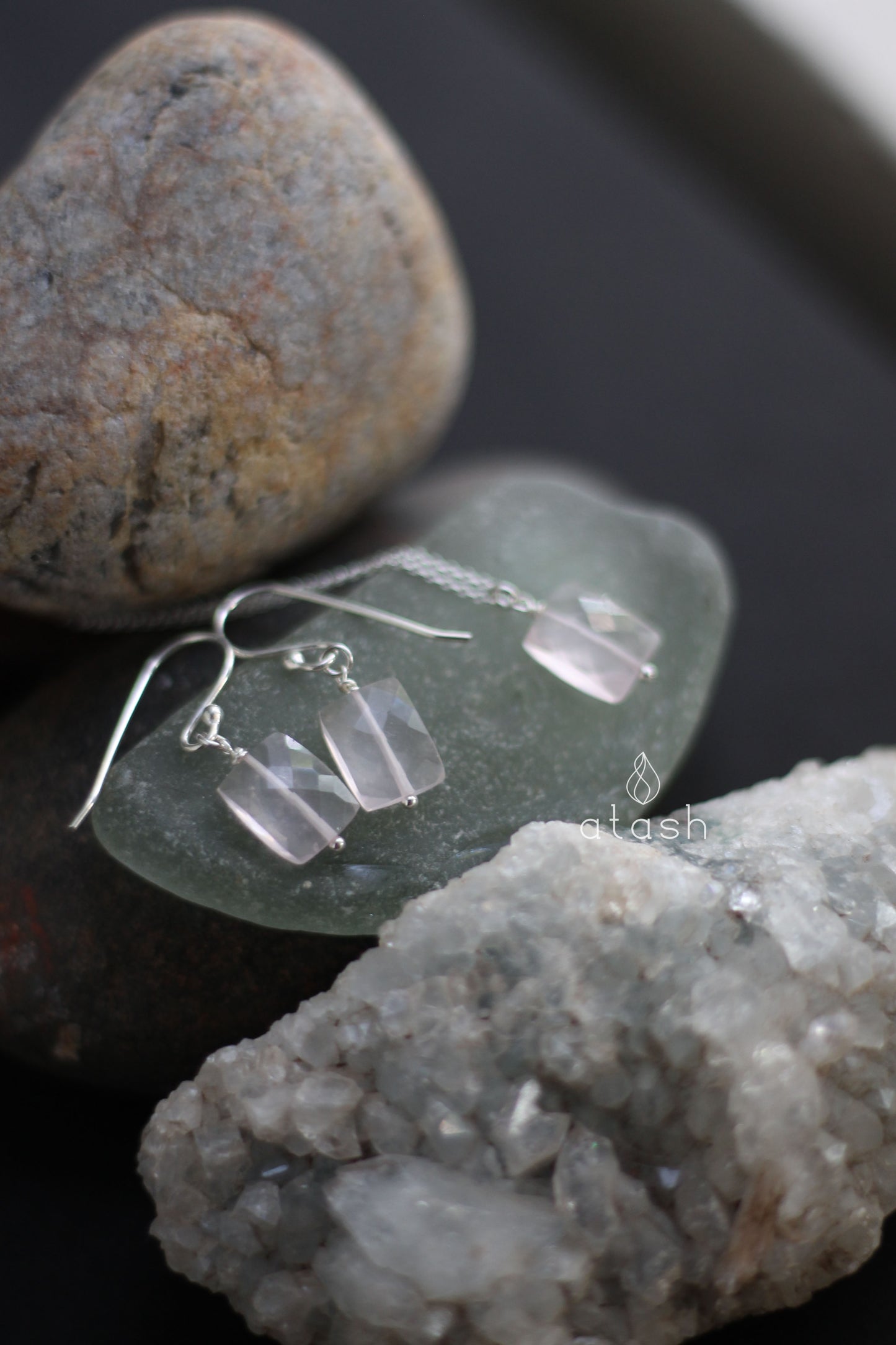 Amor Set of Necklace and Earrings in Rose Quartz and Sterling Silver