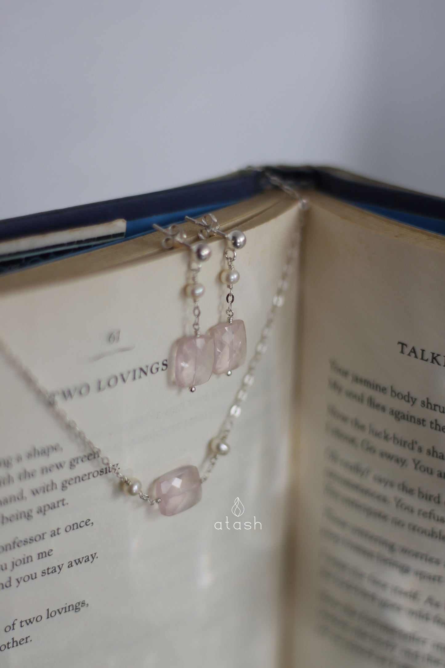 Delber Set of Necklace and Ear rings in Rose Quartz, Pearls and Sterling Silver