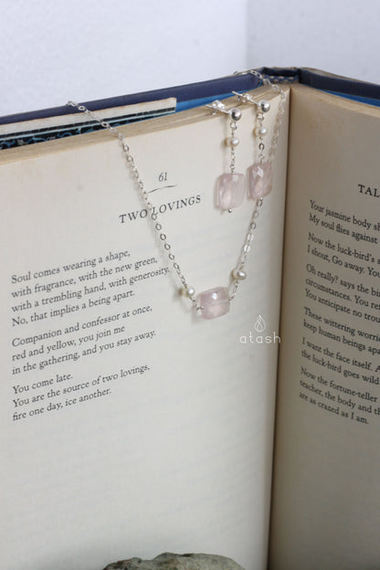 Delber Set of Necklace and Ear rings in Rose Quartz, Pearls and Sterling Silver