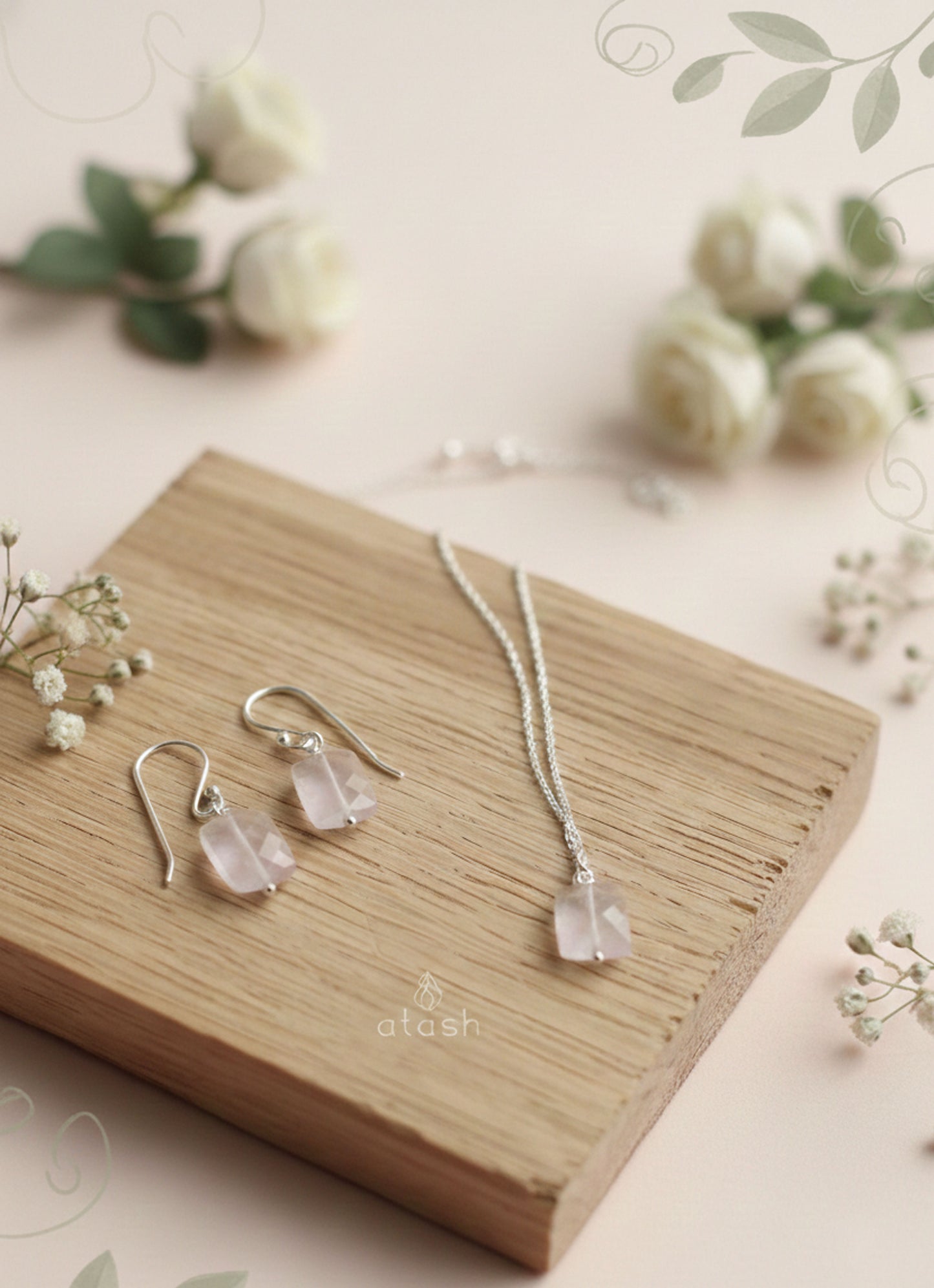 Amor Set of Necklace and Earrings in Rose Quartz and Sterling Silver